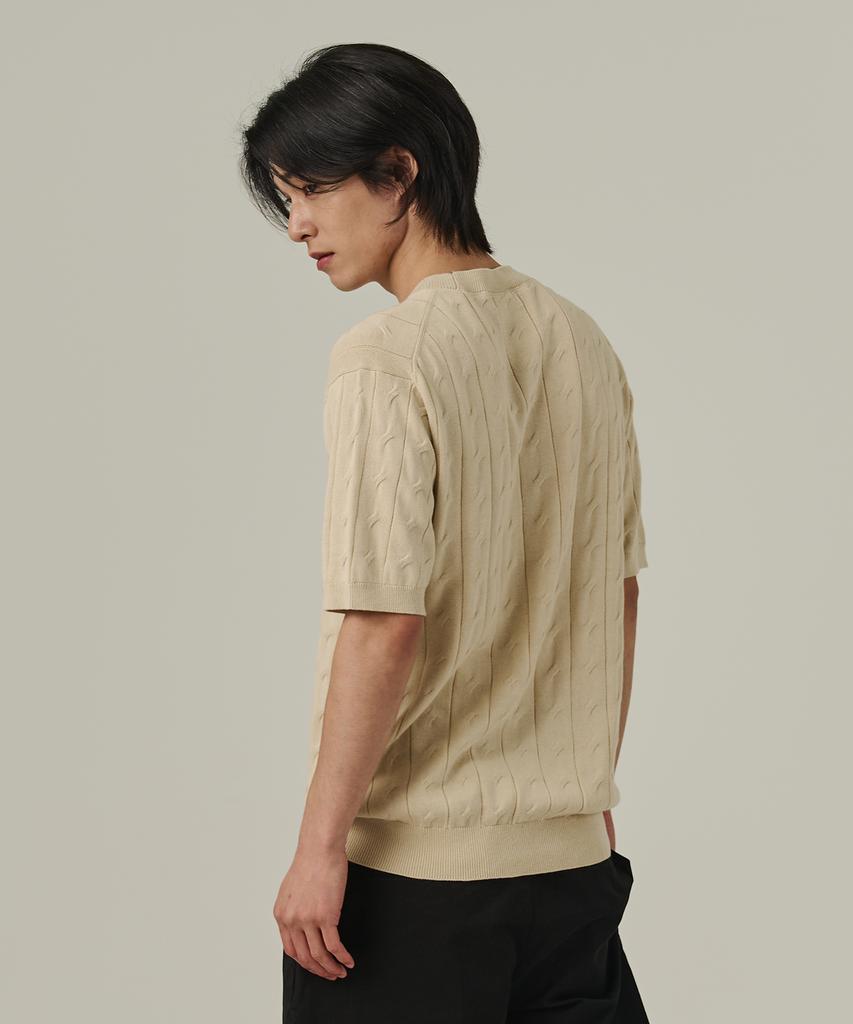 ANALOG MOOD Cable Round Short Sleeve Knit (Beige)