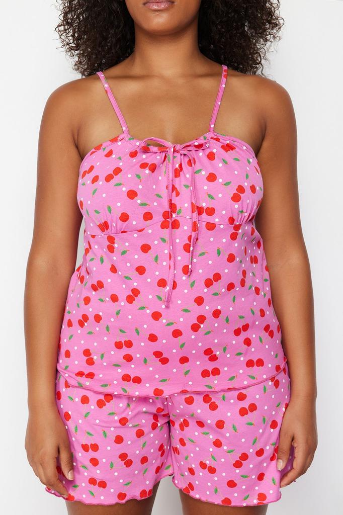 Женский стиль плюс размер разноцветный хлопок вишневый вязаный пижамный комплект