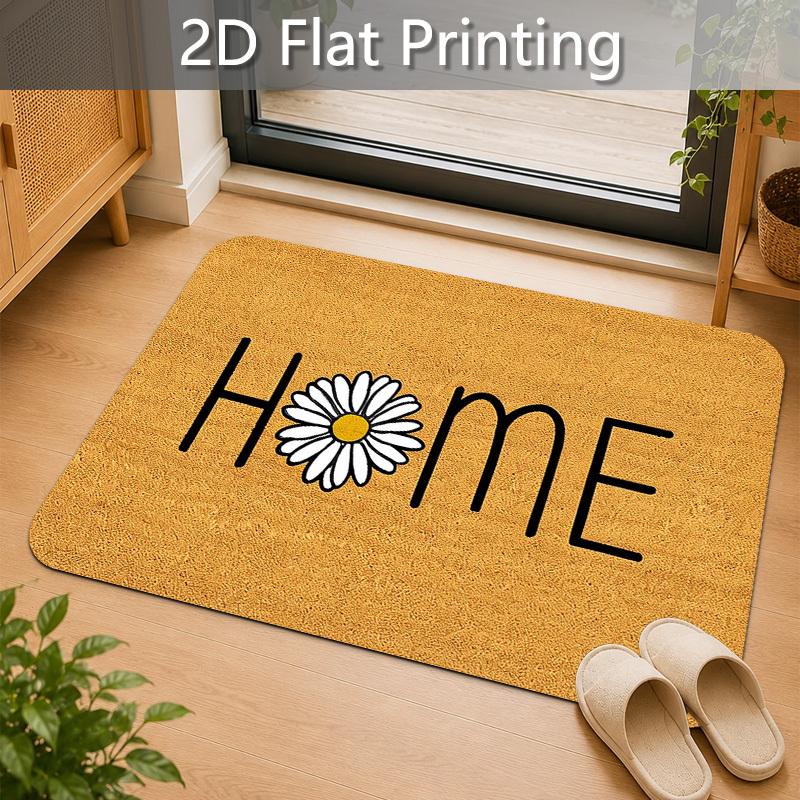 1pc Small Daisy "HOME" Letter Print Entry Door Mat, Non-Slip Machine Washable Extra Large Floor Mat, Indoor Flannel Mat - 1.02 cm Sponge Thickness, Su