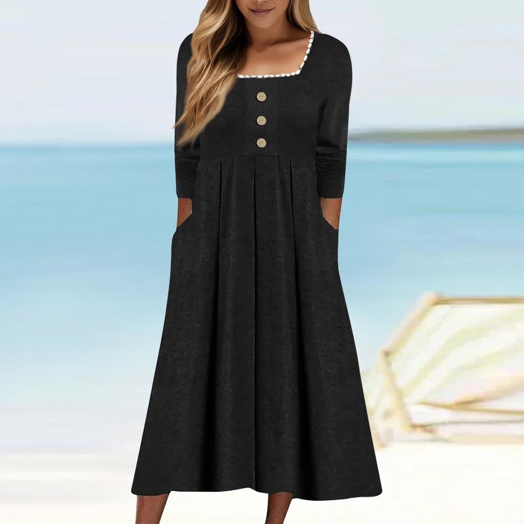 Женские повседневные модные длинные платья с квадратным воротником и длинным рукавом, кружевные, однотонные, винтажные, с карманом, осень и зима