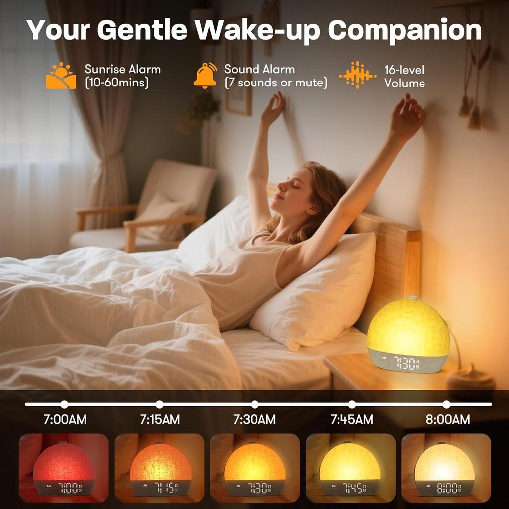 Wake Up Light Dimmable Night Light White Noise Sound Machine with 30 Soothing Sounds Sunrise Alarm Clock for Heavy Sleepers Gift
