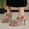 Мода 2025 Лето Новые Босоножки Женские с Открытым Носком Модные Вечерние На Тонком Каблуке Ремешок с Пряжкой Обувь Элегантные Однотонные Босоножки Большого Размера