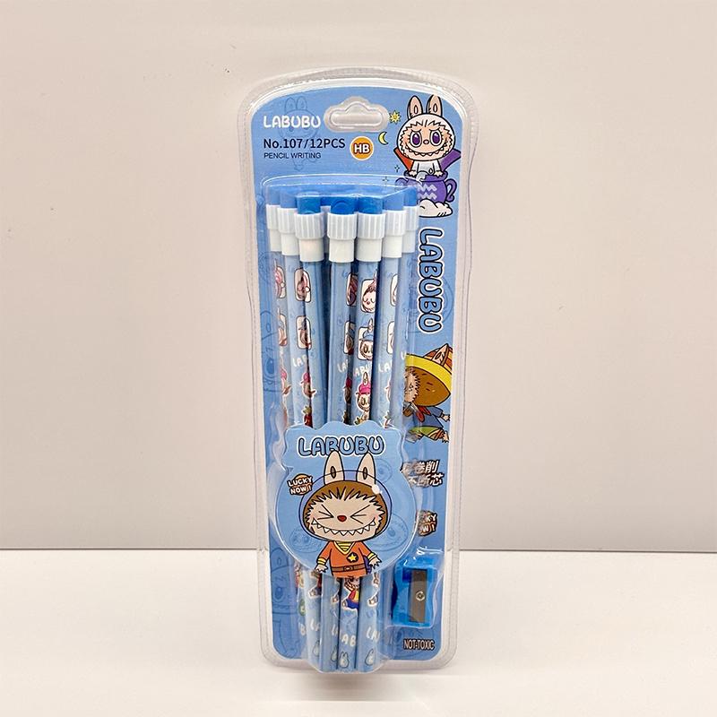 Набор из 12 мультяшных карандашей Labubu с ластиком и точилкой для карандашей, студенческие карандаши для письма и рисования, студенческие канцелярские товары, школьные принадлежности