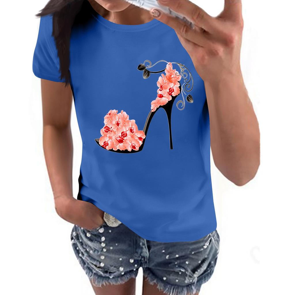 Women's Casual High Heels Floral Print Casual Short-sleeved T-shirt Pullover Round Neck Short-sleeved Top