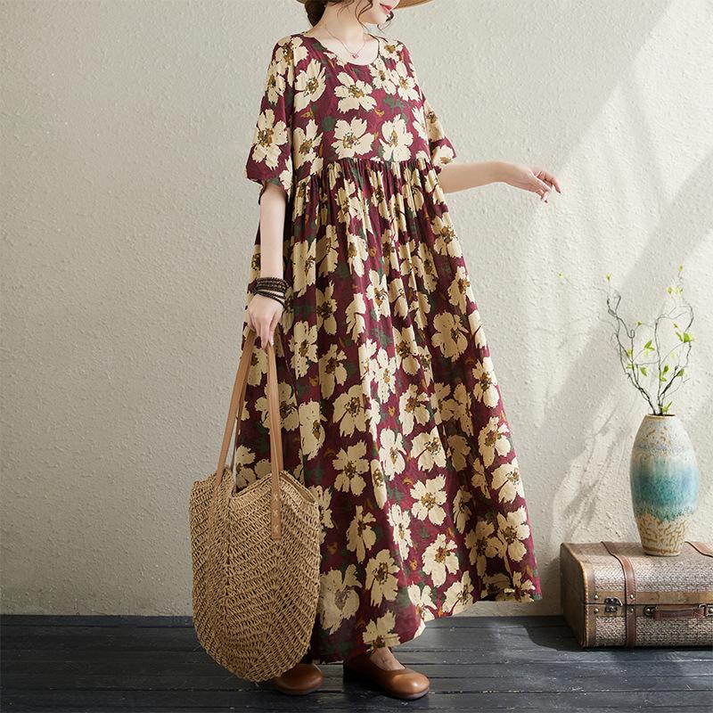 Летний литературный пуловер большого размера с круглым вырезом, средней длины, с короткими рукавами, для женщин, повседневные платья