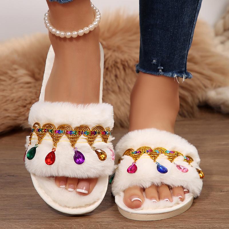 Fashion Fashion Rhinestones Decor Plush Slippers Women 2025 Autumn Winter Soft Warm House Slippers Woman Open Toe Non Slip Indoor Slides
