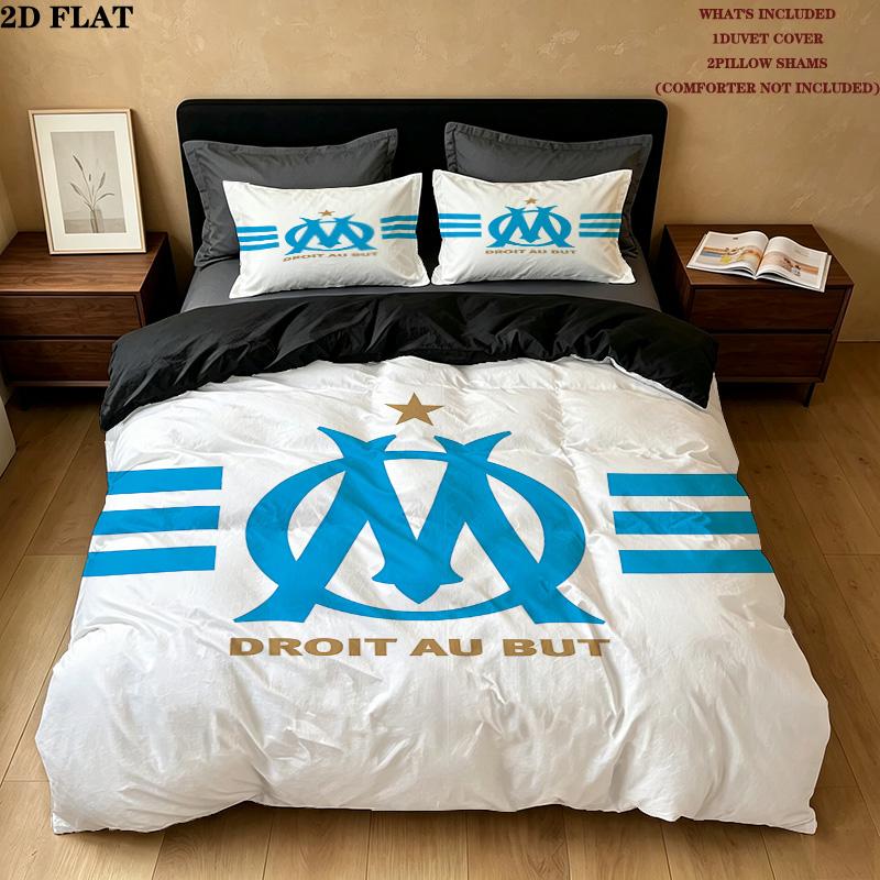 Olympique De Marseille Pattern Bedding Quilt Set Quilt Cover Pillowcase Home Birthday Gift(1 * duvet cover + 2 * pillowcase, without core)