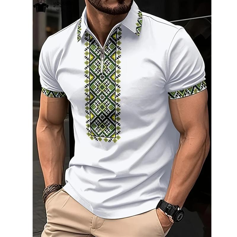 3D винтажная этническая рубашка поло в стиле casual, мужская, большого размера, с коротким рукавом, на молнии, с принтом, модная спортивная рубашка поло для активного отдыха