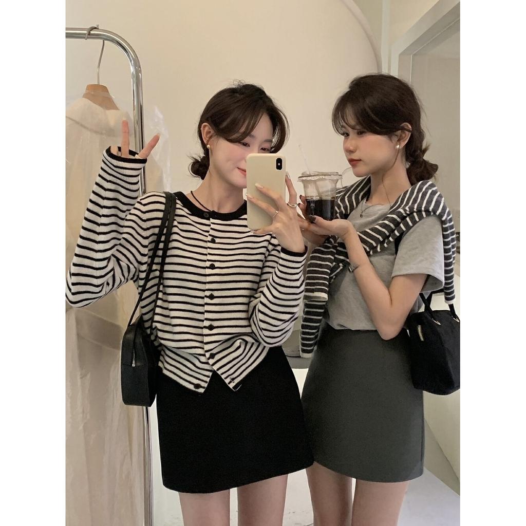 Однобортный контрастный полосатый вязаный кардиган-жакет женский весенне-осенний новый повседневный модный мягкий ворсистый свитер с длинными рукавами