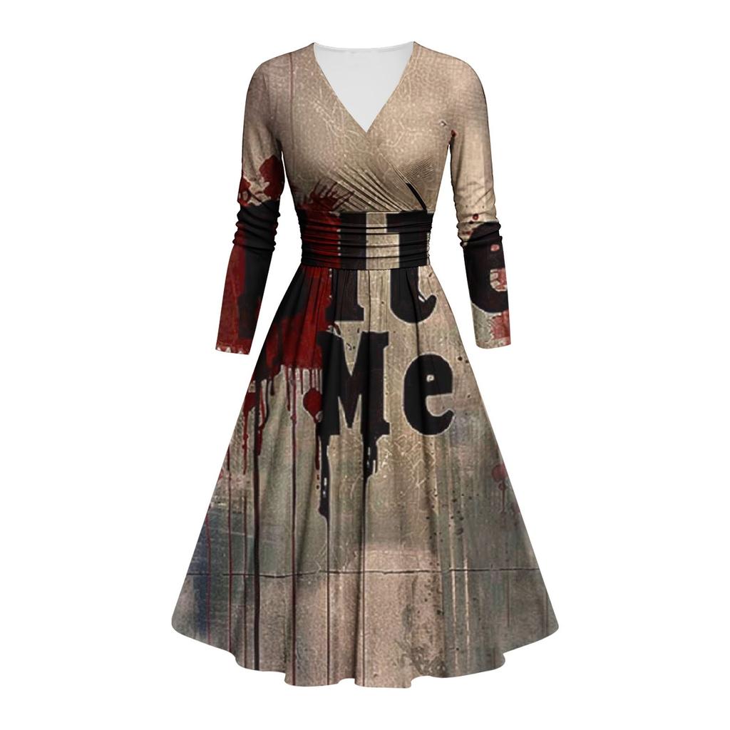 Women's Fashion V Neck Ruffle Long Sleeve Halloween Print Slim Fit Gown Casual Dress