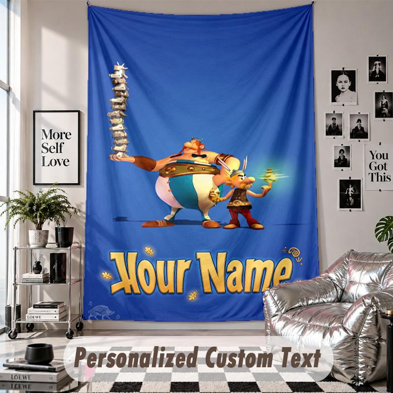 Wall Hanging Tapestry With Custom Name & Text, Asterix & Obelix Decorative Tapestry For Bedroom