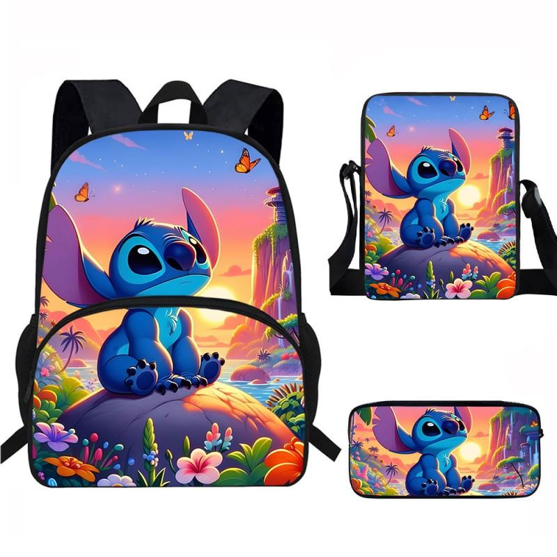 Stitch Kids School Backpack Set Elementary Students Oxford Fabric Ergonomic Design Printed Cartoon 3-Piece Bundle