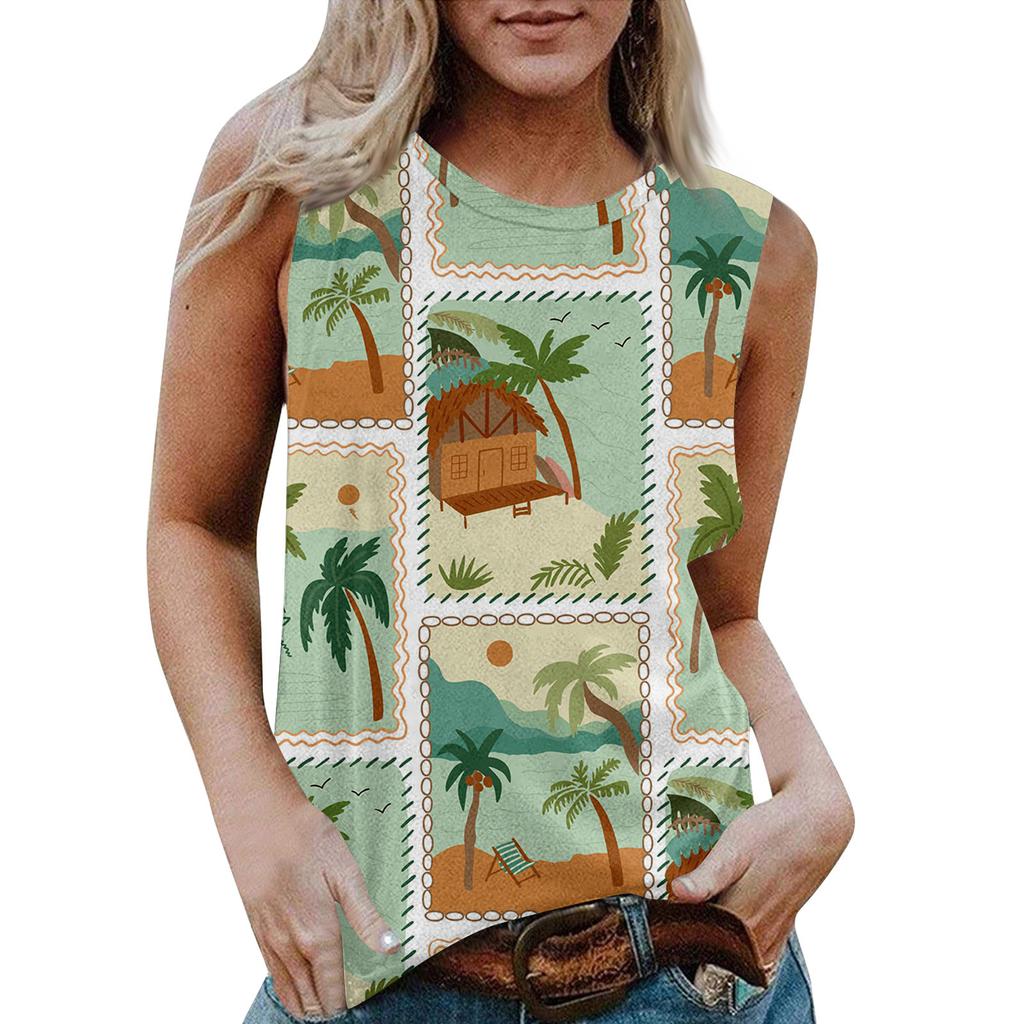 Женская повседневная футболка без рукавов с круглым вырезом и гавайским принтом