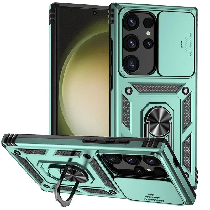 Бронированный противоударный чехол для телефона Samsung Galaxy S24 S23 S22 S21 S20 S10 Ultra S23FE S21FE Note 20 с защитой камеры, кольцом-держателем и крышкой