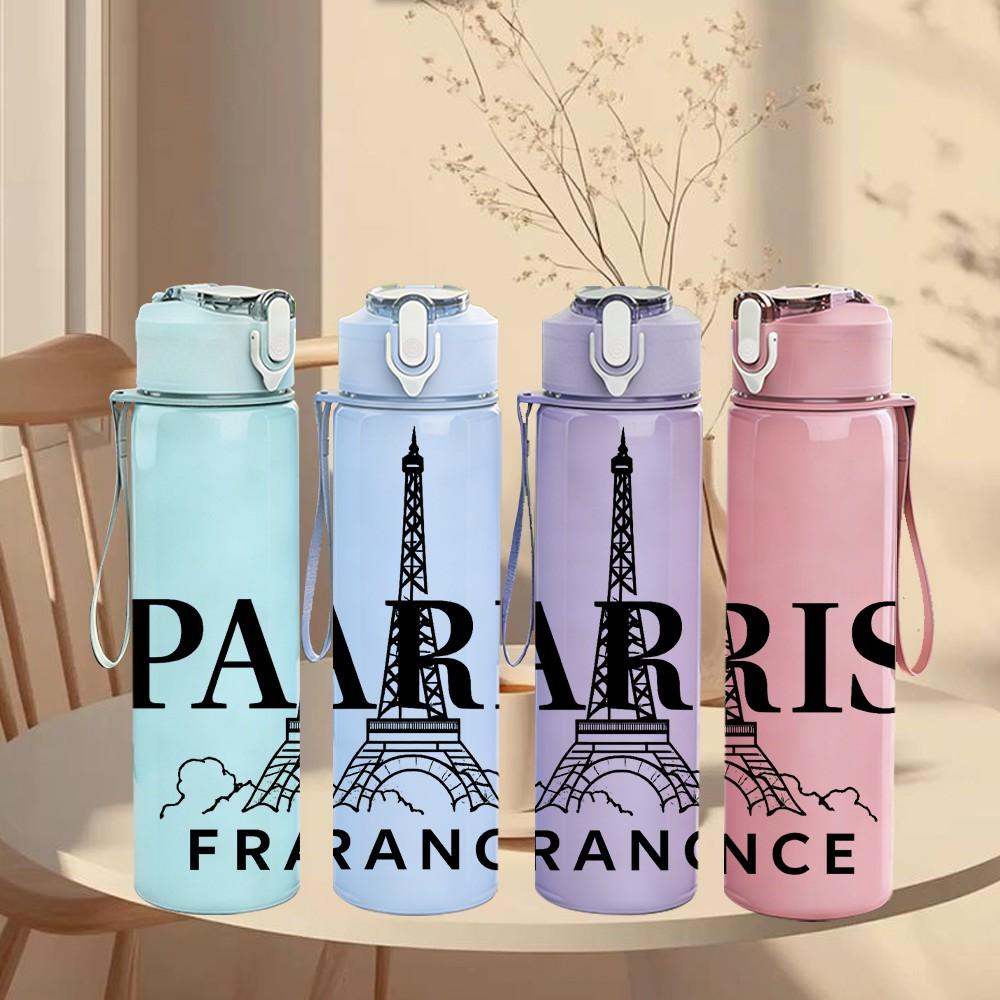 1PC Paris Eiffel Tower Print 750ml Color Plastic Sports Water Bottle Leakproof Flip Straw Lid Suitable for Sports Office Home Use