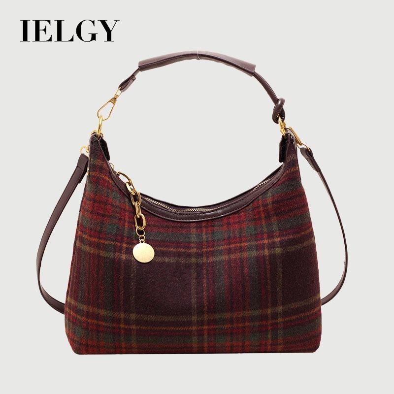 Ielgy Autumn Winter Fashion Plaid Bag Woolen Plaid Contrast Color Small Square Bag High-End Messenger Shoulder Bag