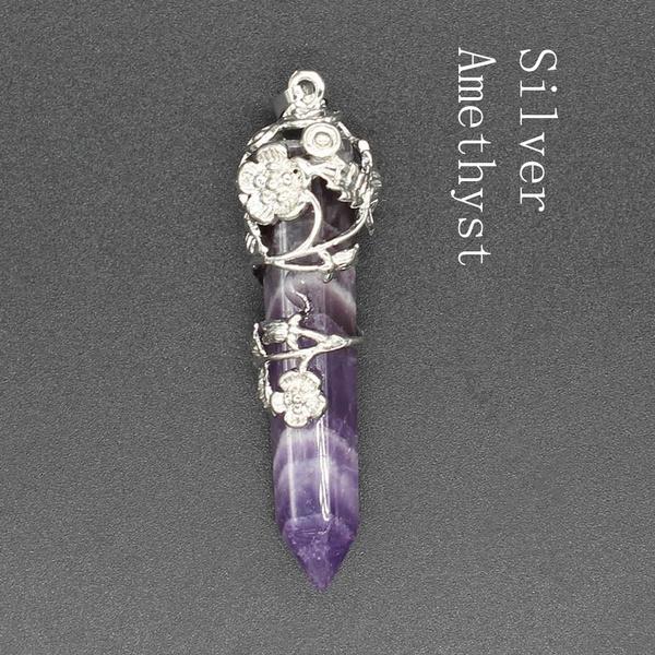 Мода Натуральный Кристалл Шестиугольная Колонка Винтаж Сплав Роза Кулон Аметист Кристалл Ожерелье