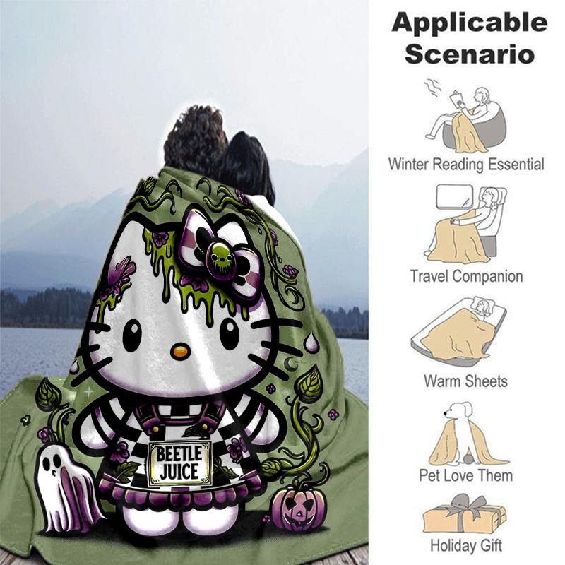 1pc Cartoon Spooky Hello Kitty Blanket, Cartoon Throw for Home Decor, Gift Idea, All Seasons Use, Cozy Bedding Cover, Room Decoration, Living Room, Tr