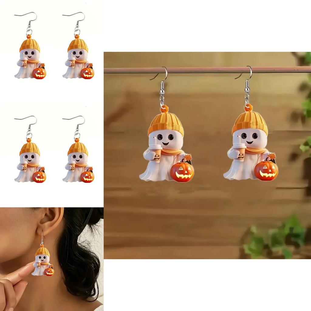 Halloween Themed Cartoon Ghost Milk Tea Pumpkin Pattern Women Acrylic Earrings For Casual Wear