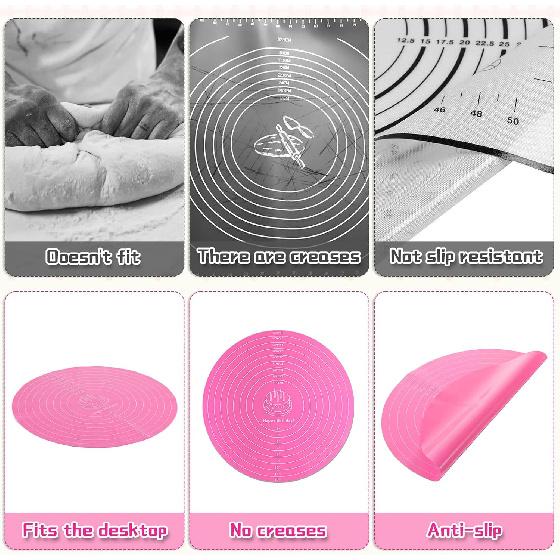 2 PCS 12 Inch Silicone Cake Mat, Pink Round Baking Mat with Measurements Reble Cake Turntable Mat Non-Stick Heat Resistant Pastry Mats for Rolling
