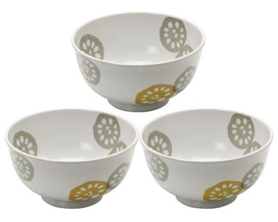 Легкая миска для риса Mino Ware, набор из 3 штук, узор в виде корня лотоса, желтый, приблизительно. Диаметр 16,5 x Высота 8,6 см Набор столовых приборов Керамический Микроволновая печь