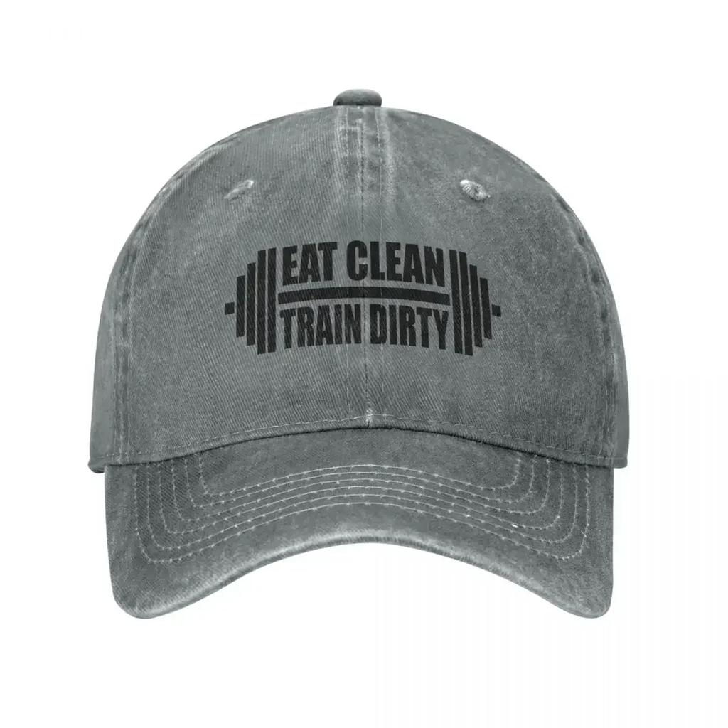 Eat Clean Train Dirty Gym Cool Baseball Cap Vintage Distressed Cotton Snapback Cap Unisex Outdoor All Seasons Travel Hats Cap