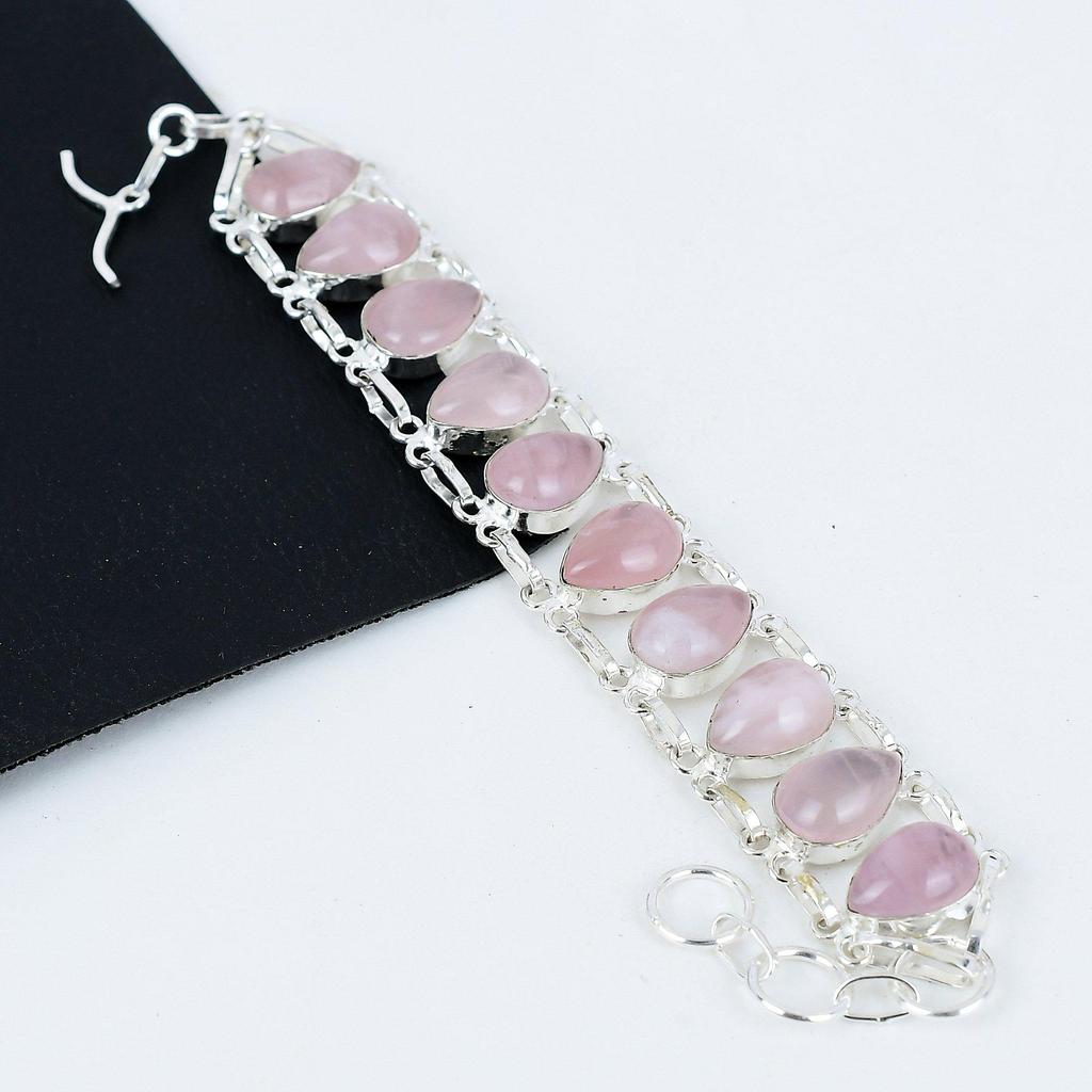 Natural Rose Quartz Gemstone Handmade 925 Sterling Silver Bracelet, Rose Quartz Bracelet For Wife , Unisex Bracelet, Gift For Mom