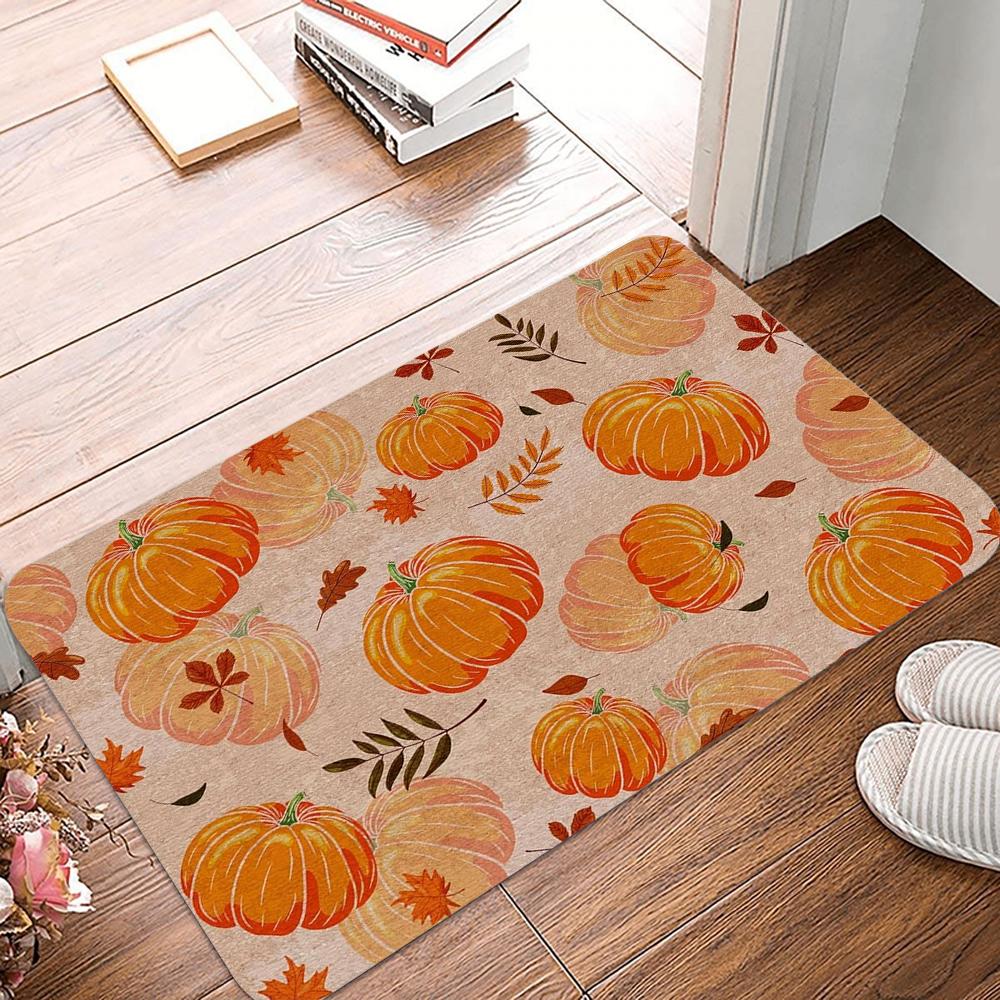 Festive Fall Farmhouse Carpet Pumpkin Harvest Door Mat 100% Polyester Maple Leaf Floral Design Rug Non-Slip For Machine Made