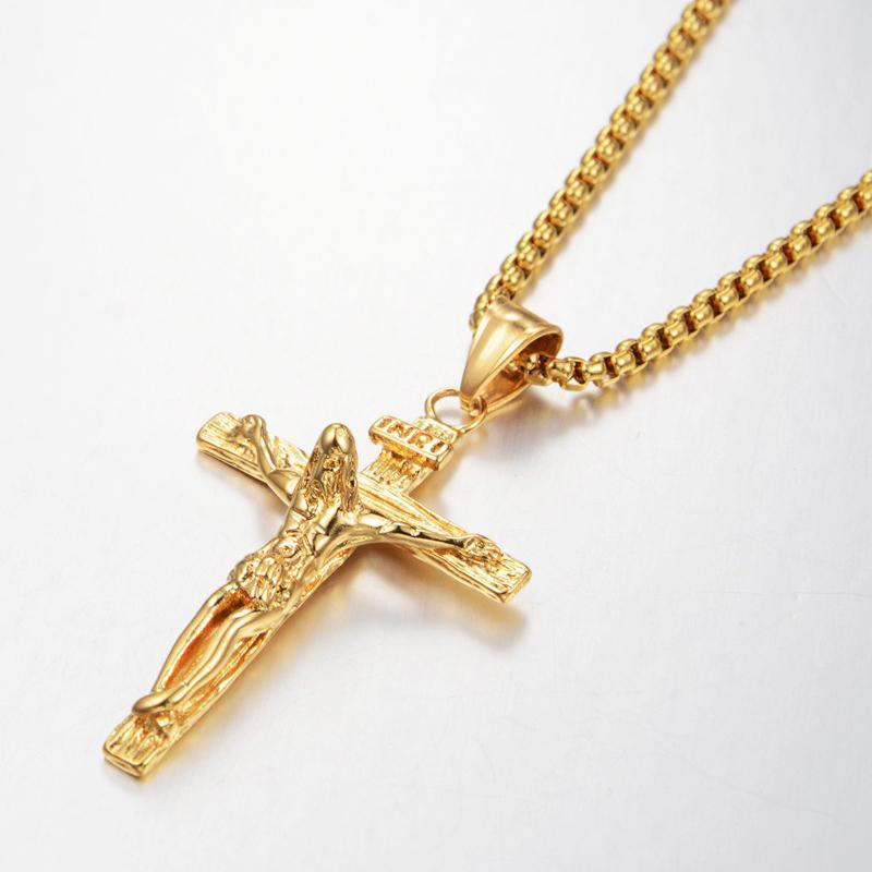 Religious INRI Crucifix Jesus Cross Pendant Necklace Gold Color Stainless Steel Neck Chain for Men Christian Catholic Jewelry