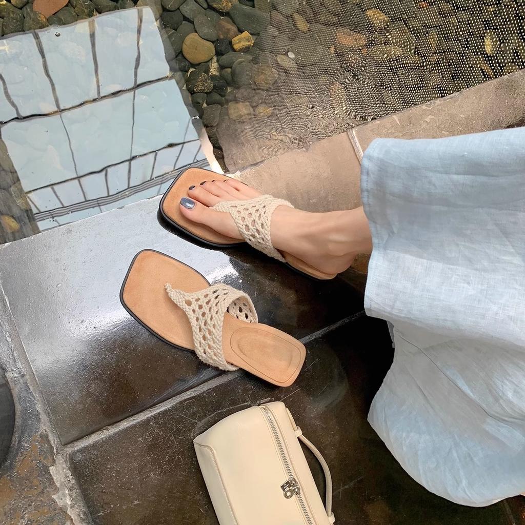 Богемные шлепанцы из овчины женская обувь с ажурным вязаным носком на толстой подошве женские летние сандалии