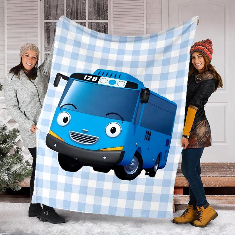1pc Tayo The Little Bus2 Theme Soft Flannel Throw Blanket - Digital Print, Polyester, Cozy for All Seasons, Perfect for Outdoor, and Travel