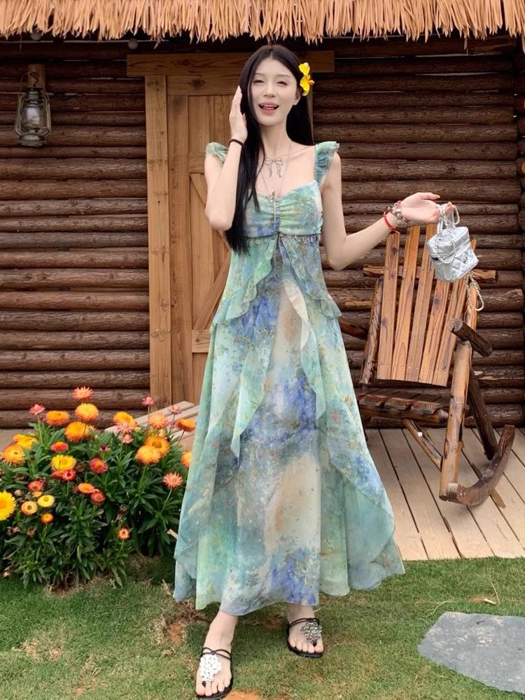 Женское летнее ретро французское платье-макси с tie-dye, на тонких бретельках, с оборками, А-силуэта