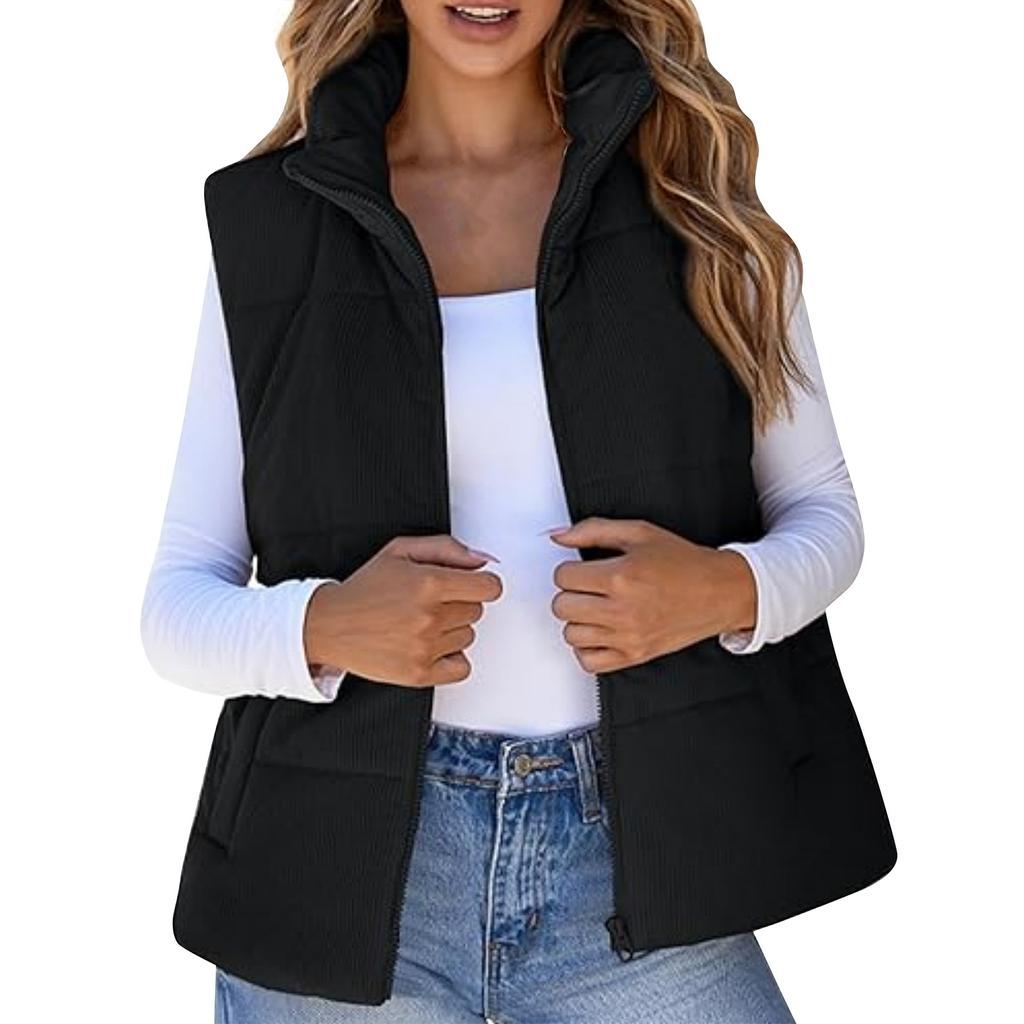 Женская модная повседневная куртка-жилет без рукавов на молнии с однотонным утолщенным узором