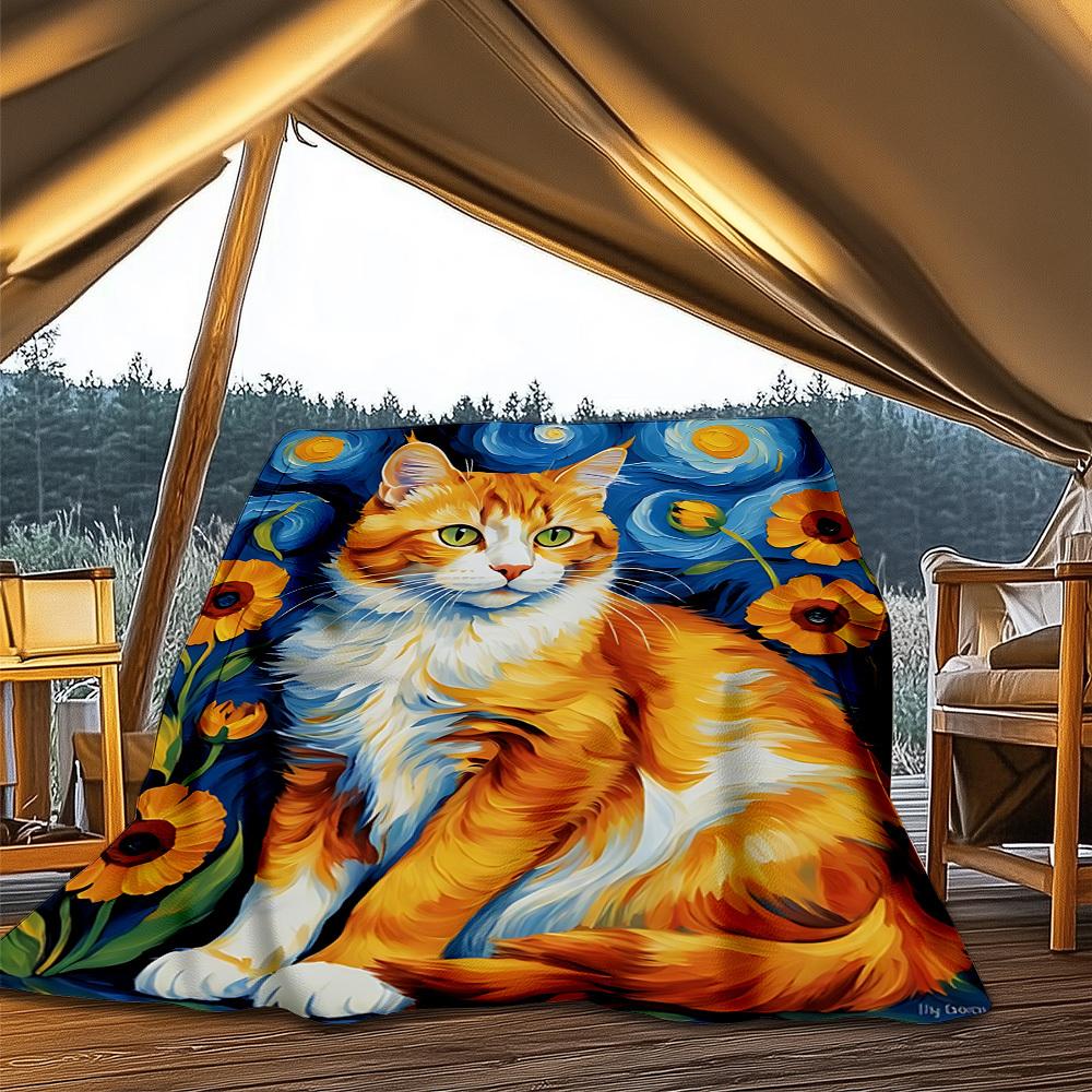 1pc Ginger Cat Art Print Print Outdoor Blanket, Lightweight Polyester,