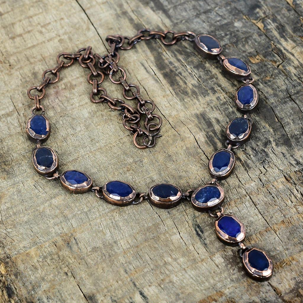 Ожерелье из граненого синего сапфира, ожерелье из электроформованной меди, украшения из драгоценных камней, ожерелье с регулируемой цепочкой, медные украшения ручной работы, подарок для нее