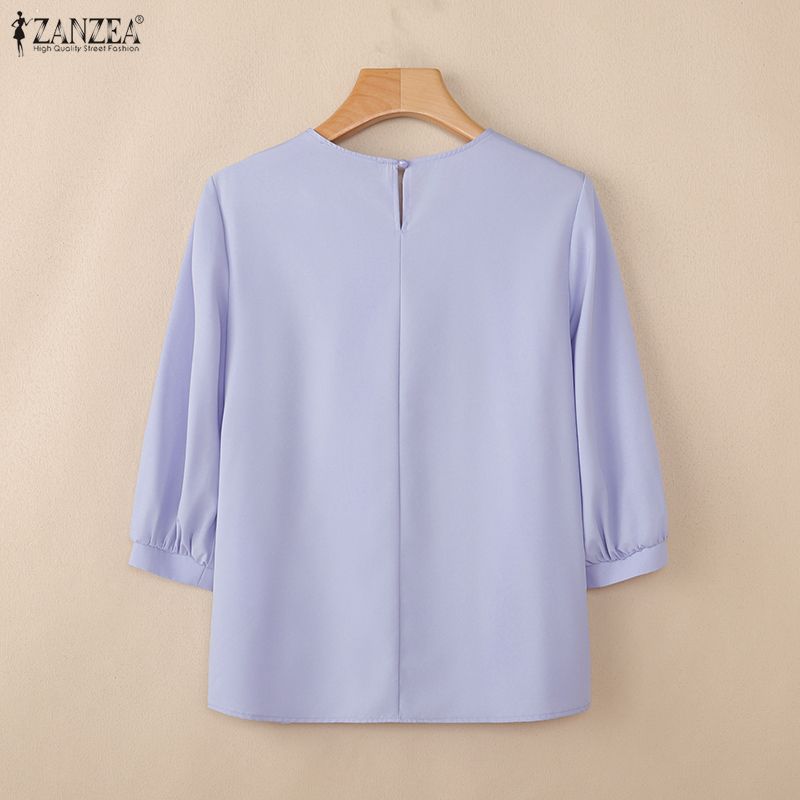 ZANZEA Женская повседневная однотонная блузка с круглым вырезом и рукавом 3/4