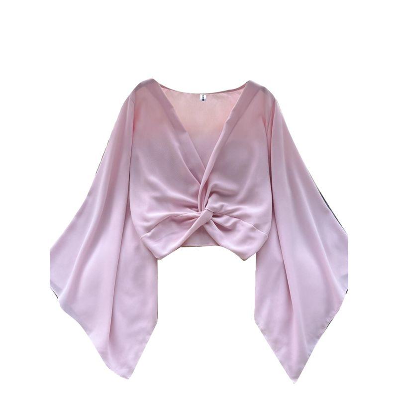 Niche Style V-neck Knot Flared Chiffon Long Sleeves Shirt