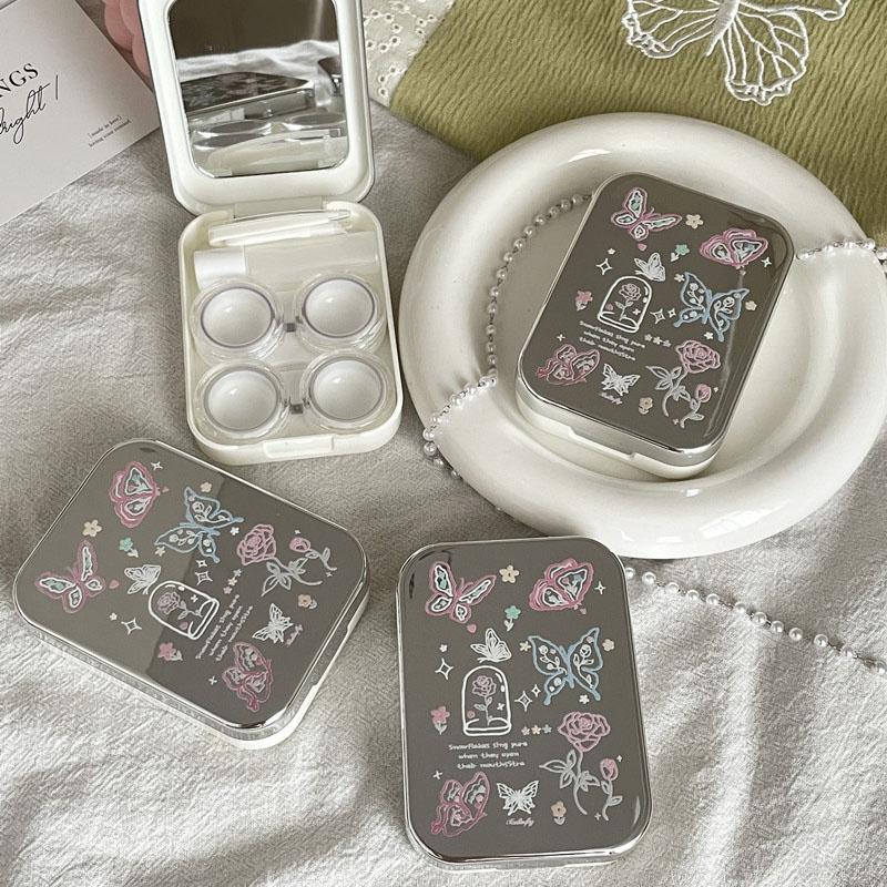 Милый гальванизированный футляр для контактных линз в виде бабочки-цветка, портативный цветной футляр для хранения линз, набор из двух пар