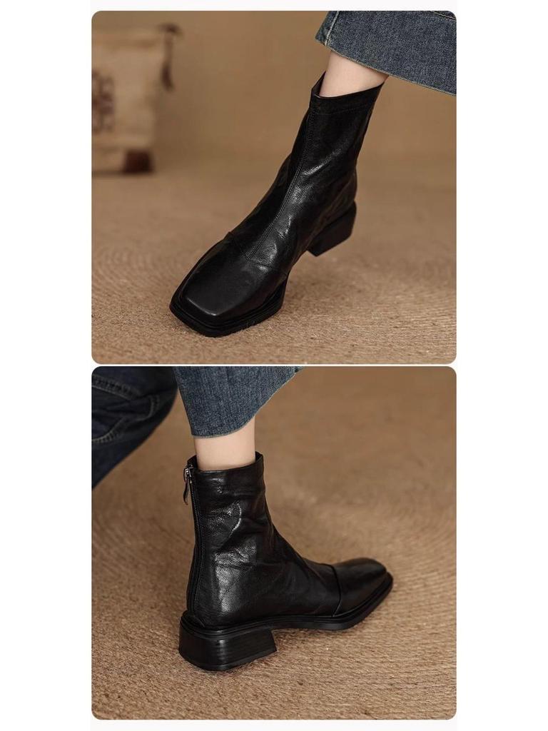 Lambskin Slimming Ankle Boots 2025: Women's Mid-Heel Vintage Martin Boots, Black Square Toe, Autumn/Winter Collection.