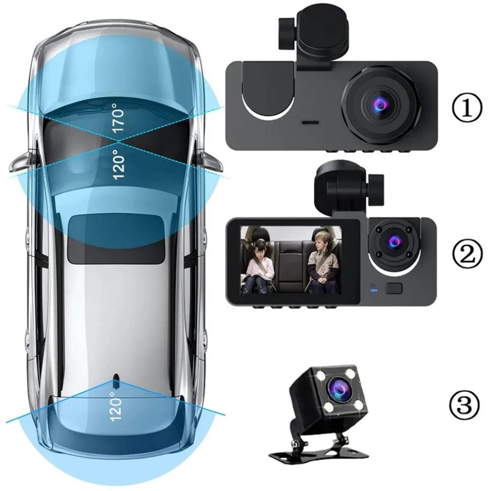 New 1080P HD Night Vision Car Driving Recorder 3-Channel Camera Video Recorder DVR Black Box Dual Lens with Rearview Camera HD Reversing Image