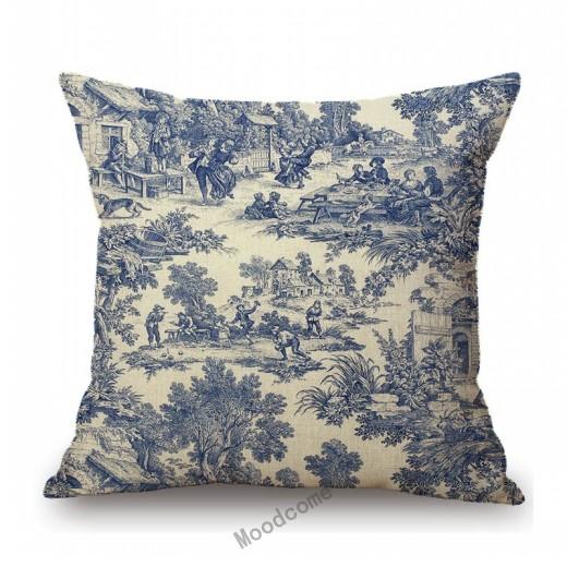 Navy Blue Delft Blue Toile De Jouy Pattern Design Royal Elegant Home Decorative Sofa Throw Pillowcase Cotton Linen Cushion Cover