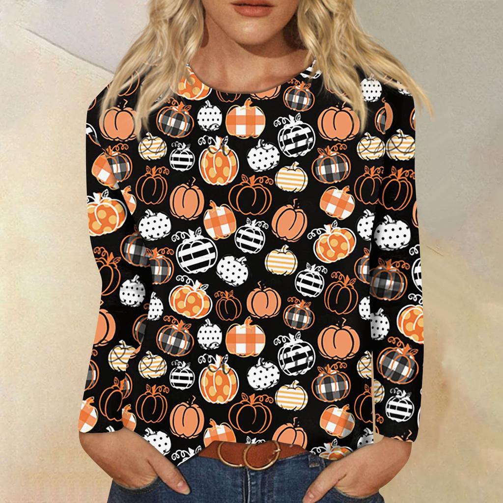 Women's Fashion Casual Long Sleeve Striped Halloween Printed Round Neck Top