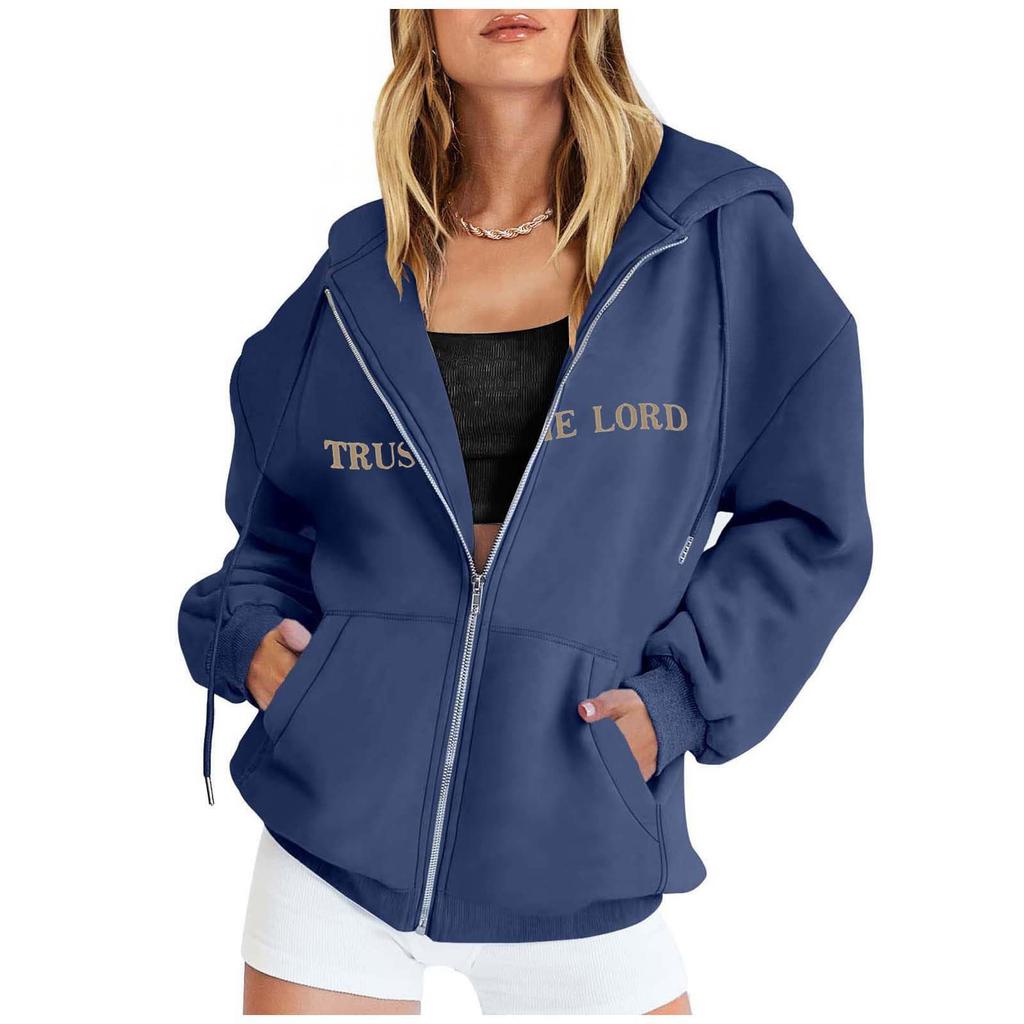 Women's Fashion Loose Casual Zip Printed Hooded Sweatshirt Jacket
