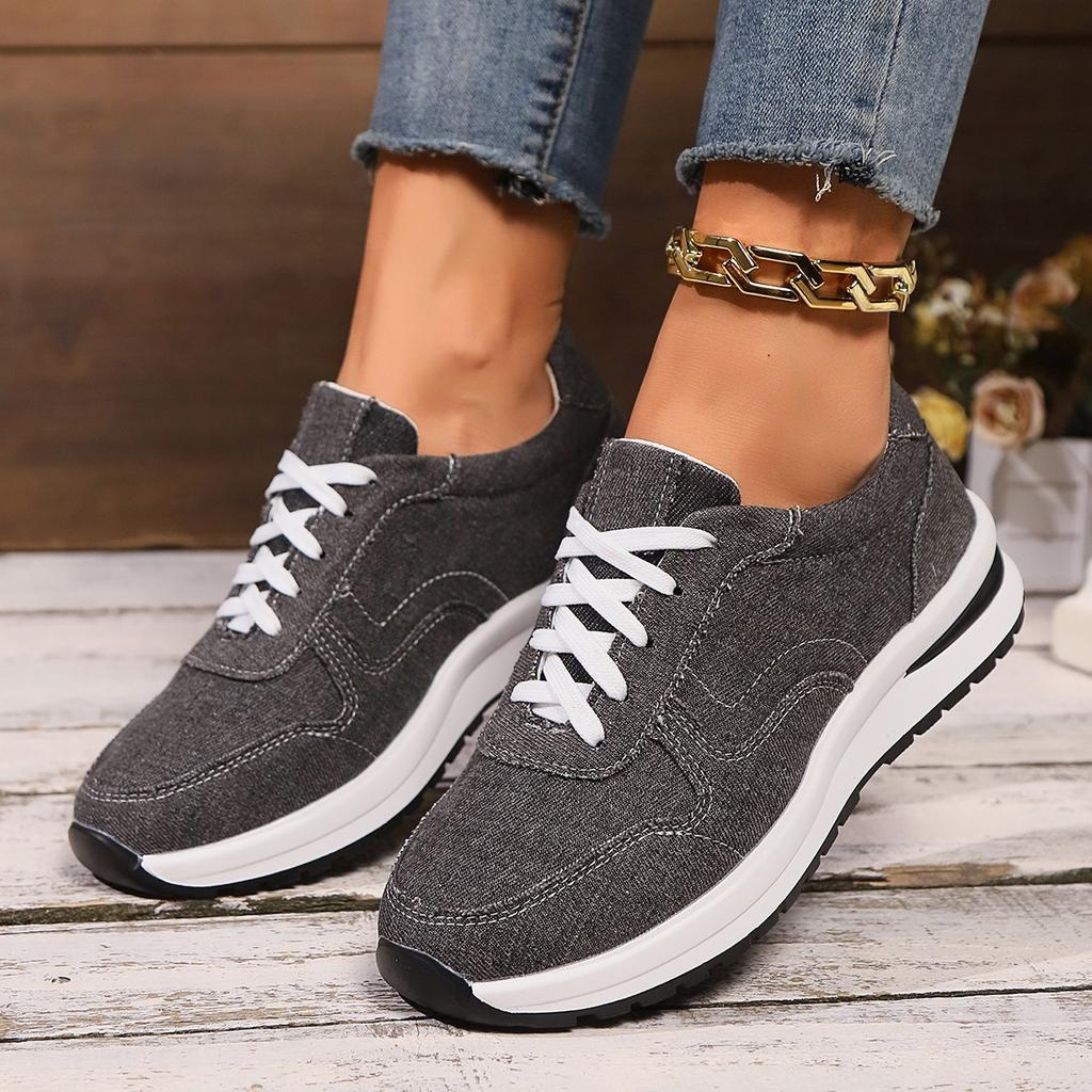 Fashion Blue Denim Platform Sneakers Women Fashion Thick Sole Lace Up Sports Shoes Woman Plus Size 43 Comfortable Casual Female Sneakers
