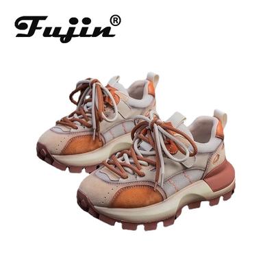 Ботильоны Fujin 5 см, ботильоны разного цвета, весенне-осенняя женская удобная летняя обувь, массивные кроссовки из свиной кожи с воздушной сеткой на плоской подошве