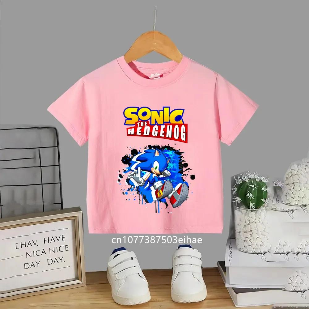 Summer Short Sleeve Kids TShirt Anime Sonic Cartoon Pattern Round Neck Casual Fashion Comfortable Breathable Daily Play Clothes