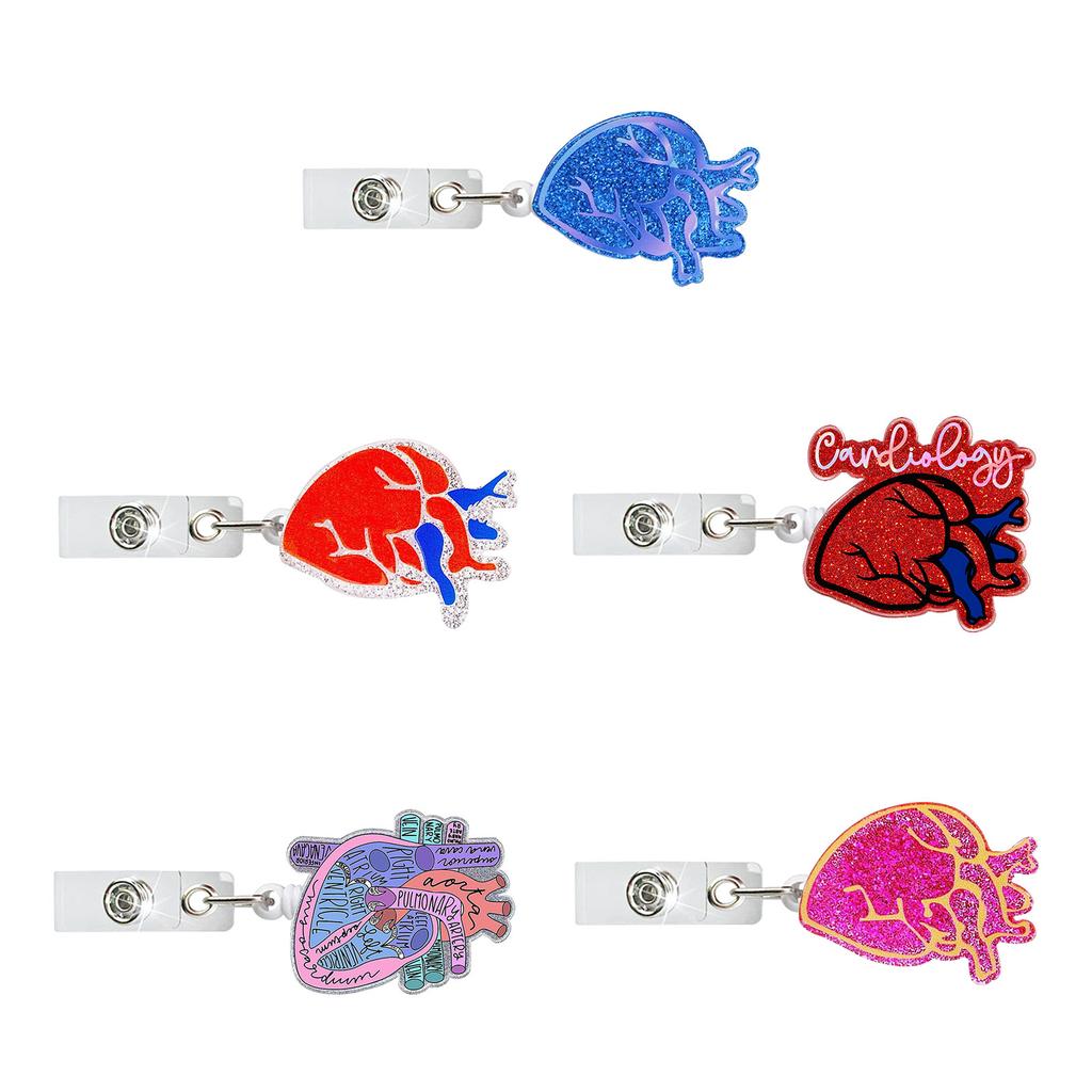 Set of 5pcs Fashionable Heart Badge Clip Retractable Badge Reel Durable Name Card Badge Clips Easy Pull Button Holder