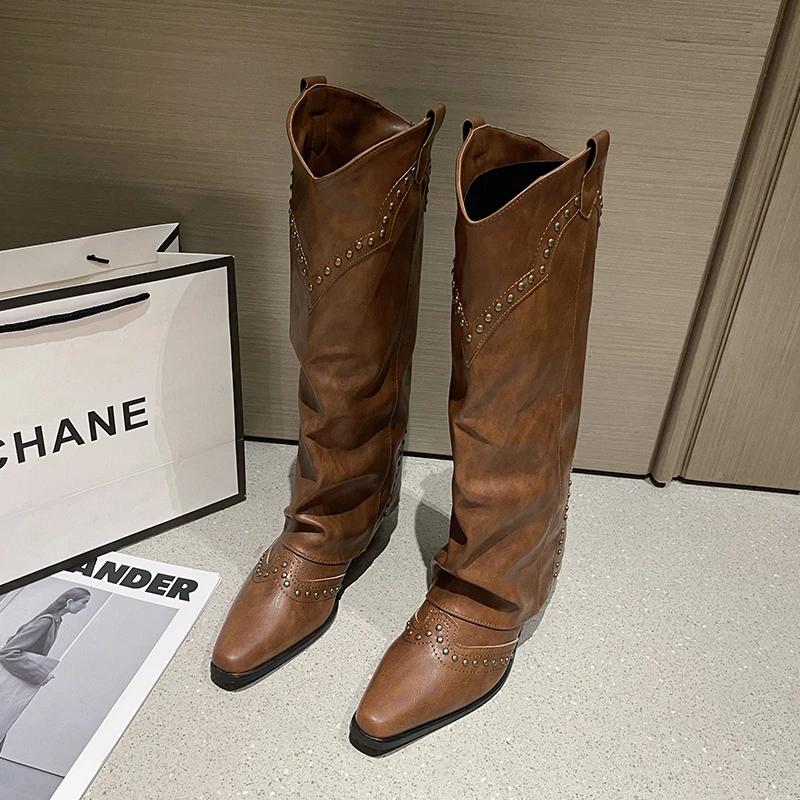 Мода 2024 года Новые женские ковбойские сапоги Модные элегантные женские сапоги на квадратном каблуке слипоны Длинные сапоги Обувь Ретро женская зимняя обувь Zapatos