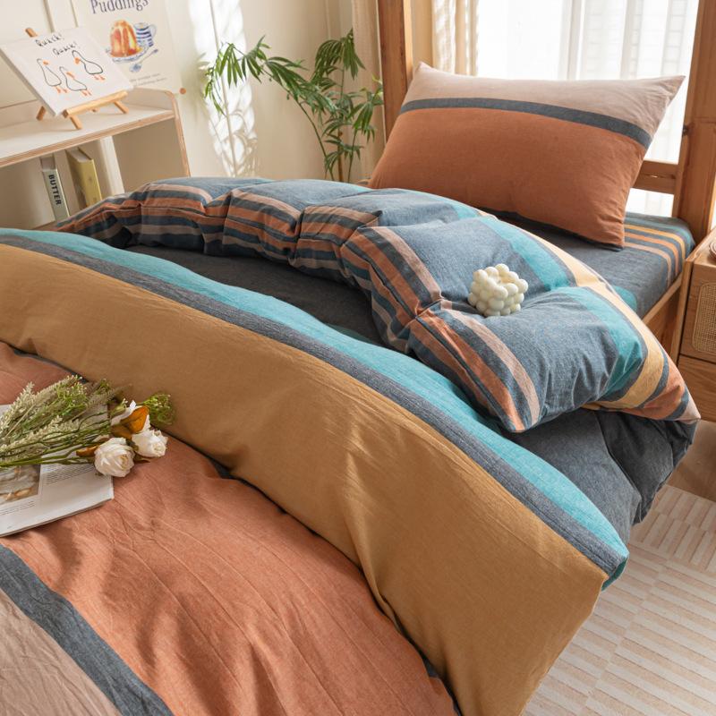 Хлопок Стиранный Хлопок Односпальное Постельное Белье Пододеяльник Студенческое Общежитие Чистый Хлопок Постельное Белье Комплект из Четырех Предметов Простыня Пододеяльник Простой Комплект из Трех Предметов