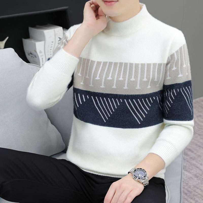 Hot Sale, Autumn and Winter New Printed Semi-turtleneck Sweater Men's Bottom Knitted Sweater Sweater
